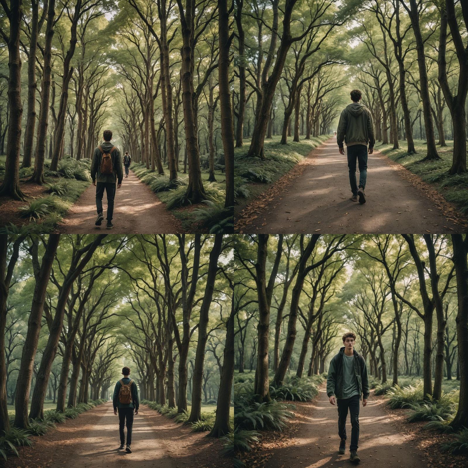 Boy Walking on Tree-Lined Path: Cinematic Film Still