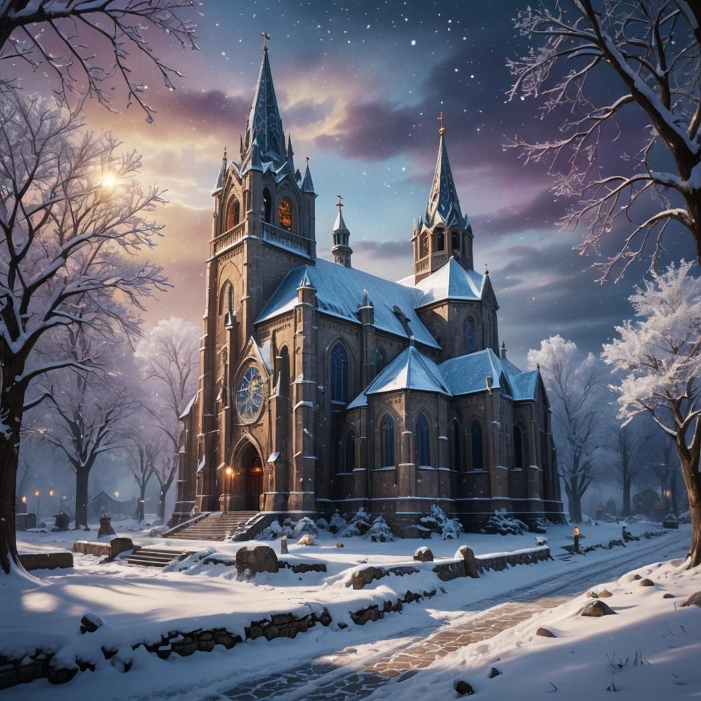 Snow-Covered Gothic Cathedral Shines in Hyperrealistic Splen...