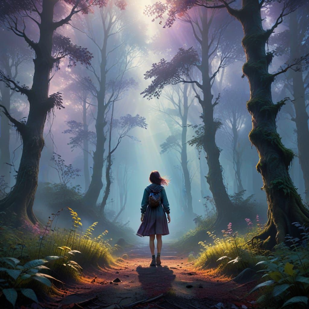 Enchanting Misty Forest Encounter in Pastel Hues