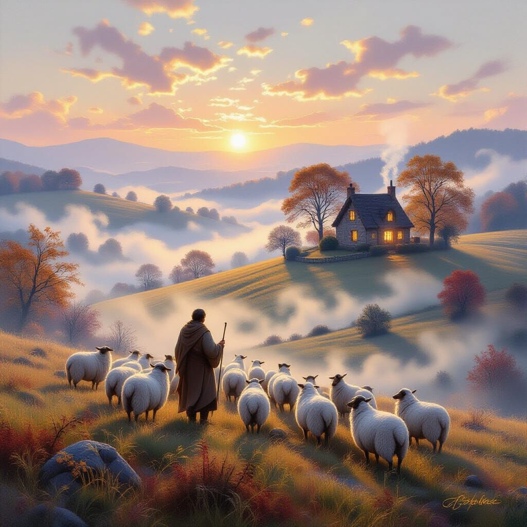 Ethereal Autumn Shepherd Scene in Golden Hour Light