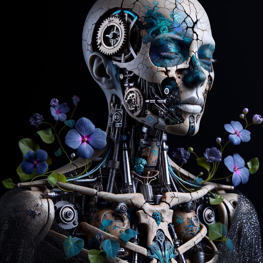 Biomechanical Woman with Porcelain Skin and Flowers