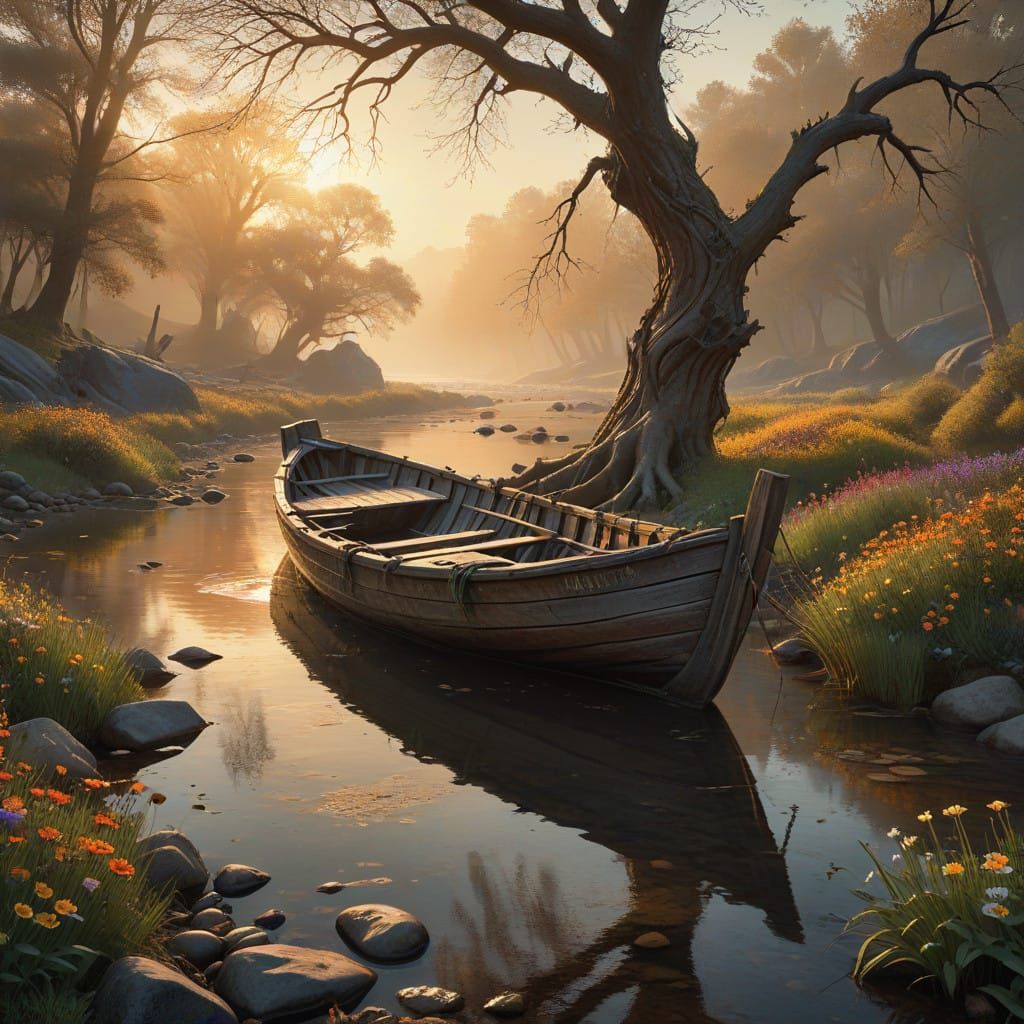 Ethereal Landscape with Ancient Tree and Serene Stream