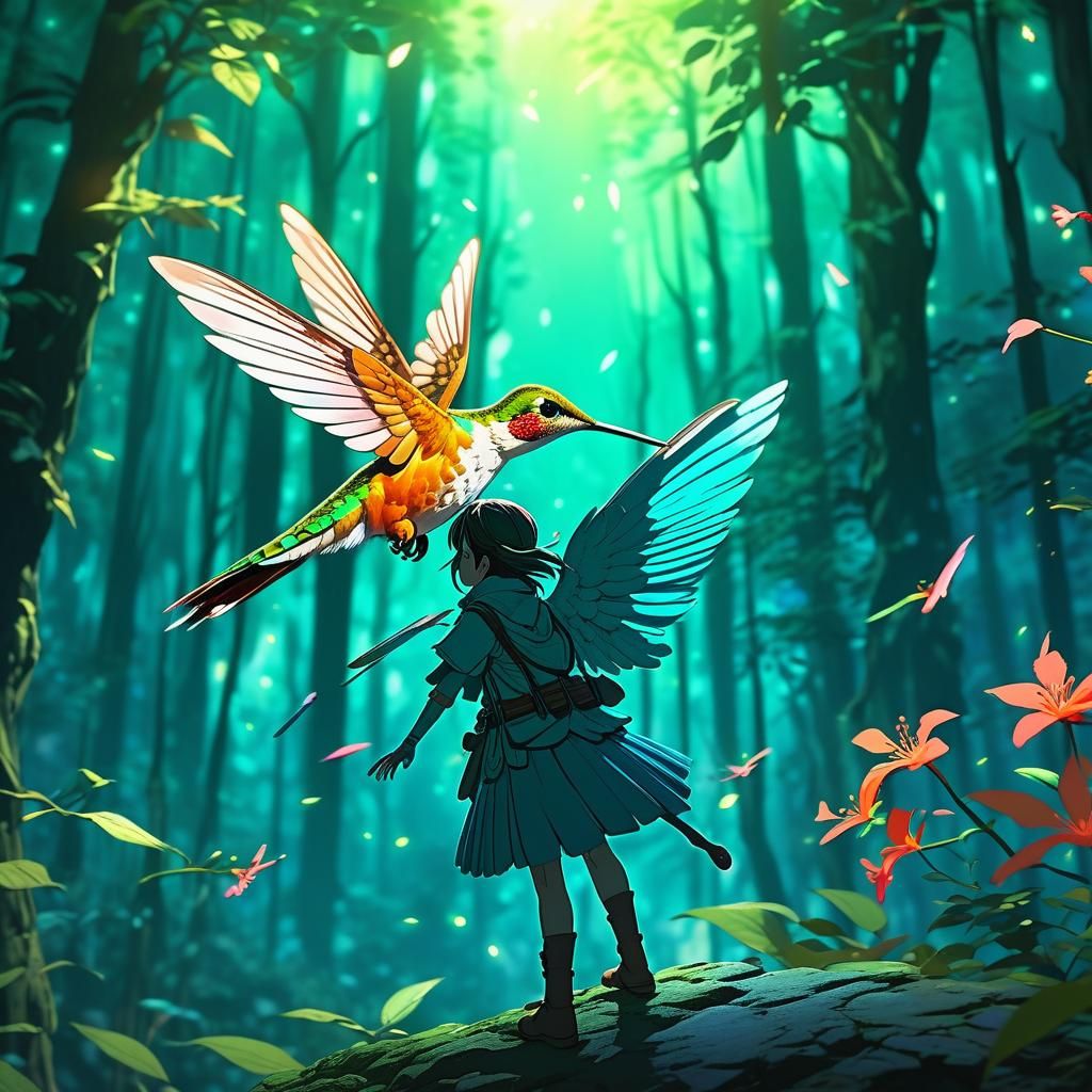 Fairy Rides Hummingbird in Glowing Anime Forest