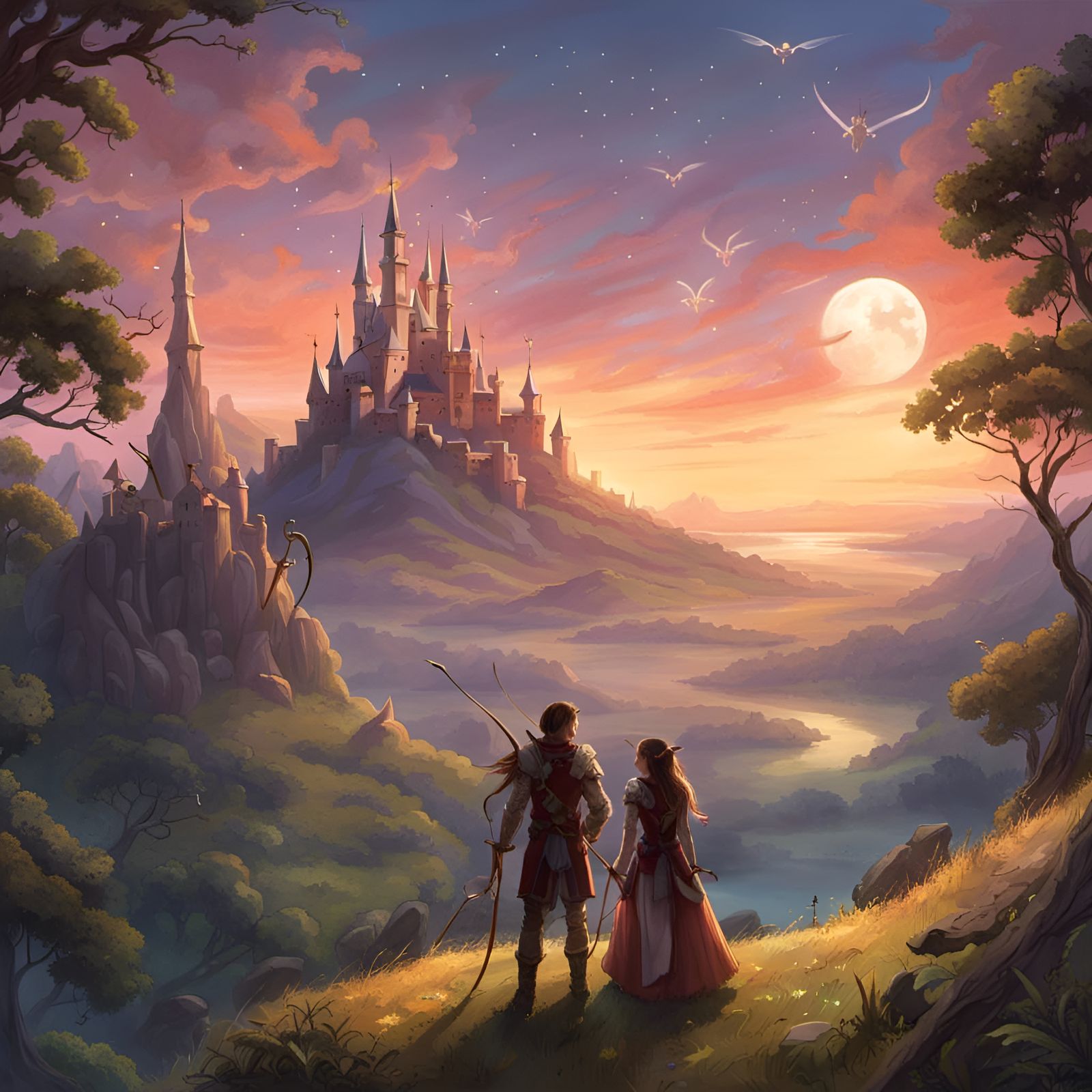 Elven Archers Watch Sunset in Magical Landscape