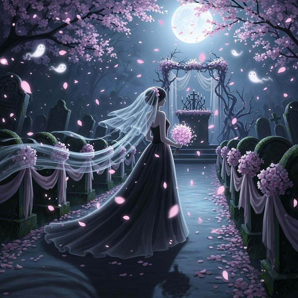 Ethereal Widow Glides Down Moonlit Gravestone Aisle