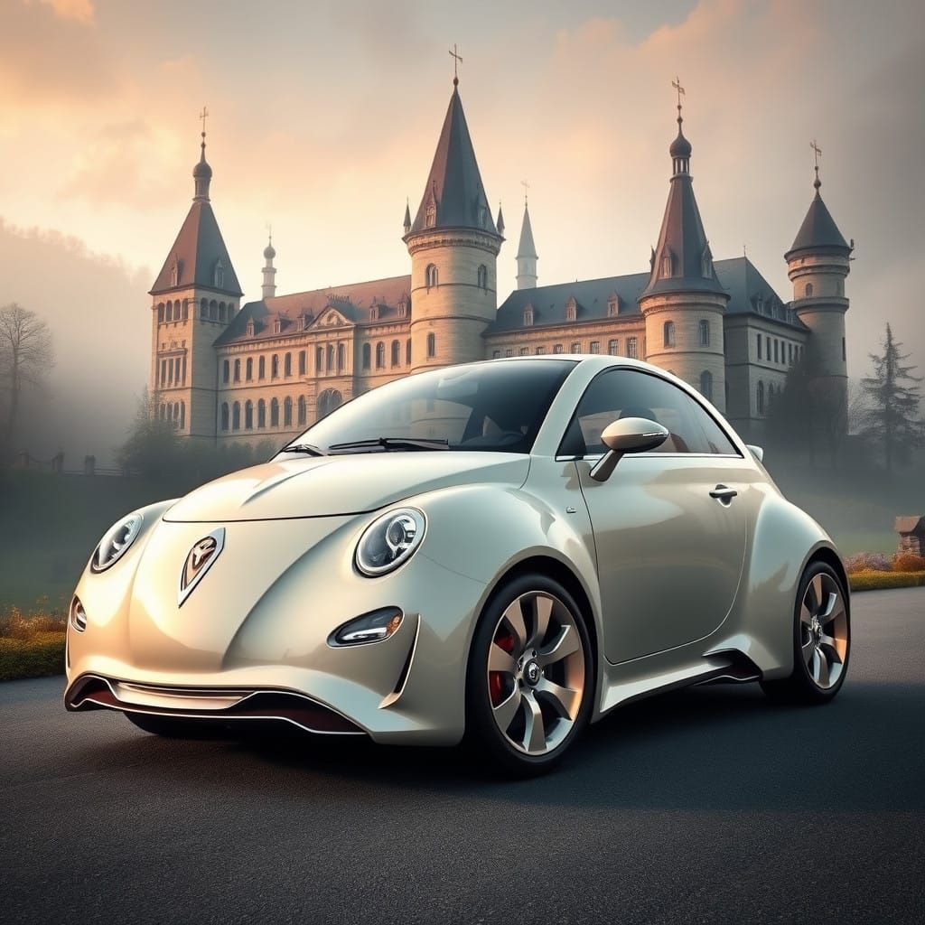 Cream-Colored Hypercar Outside Bavarian Castle in a Whimsica...