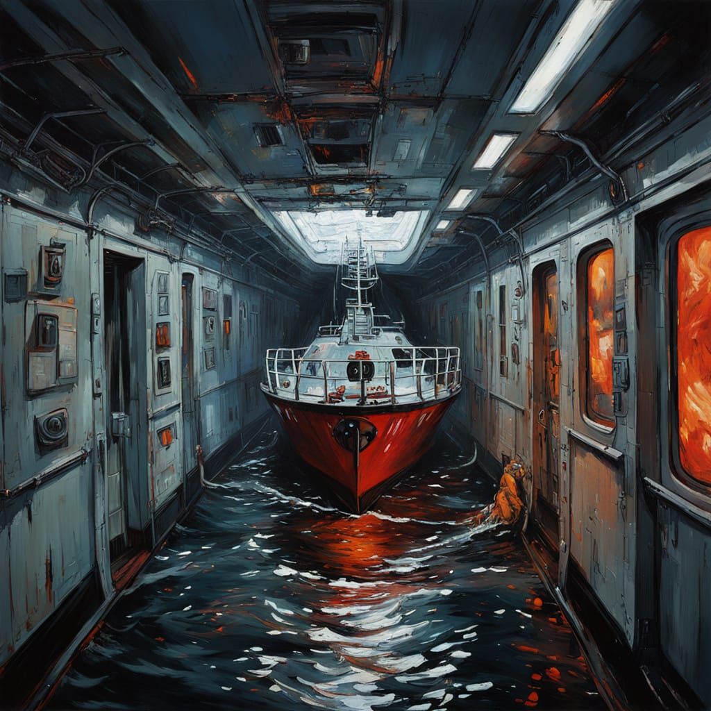 Dramatic Ship Interior in Distress