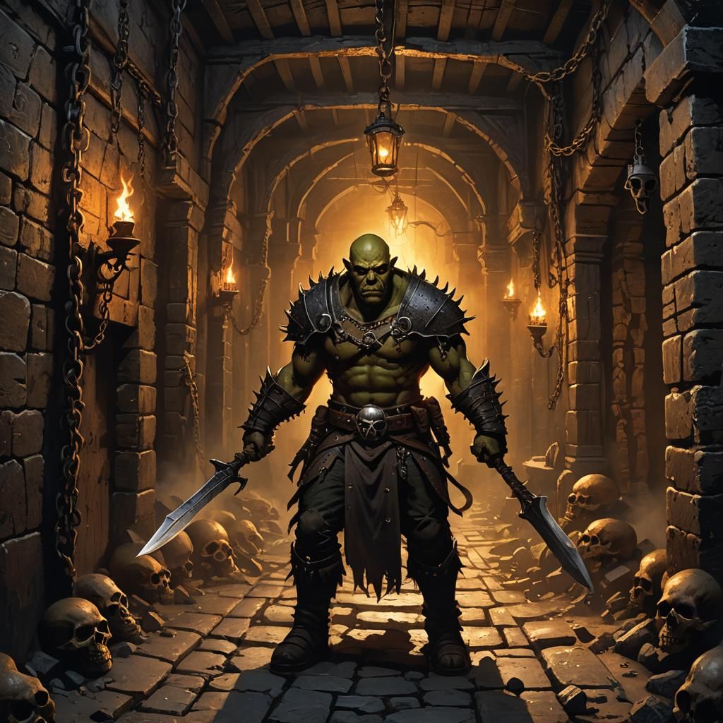 Half-Orc Warrior in Gothic Dungeon, Fantasy Art
