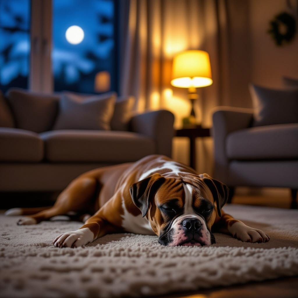 Boxer Dog Rests Peacefully in Moonlit Living Room