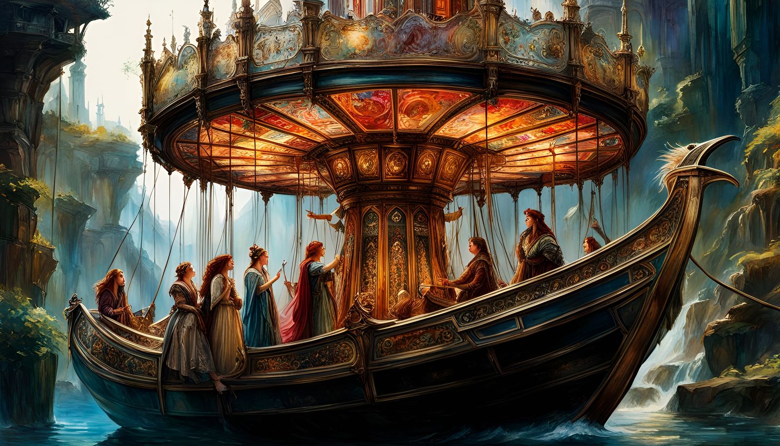 Theme Park Ride in Renaissance Watercolor Style