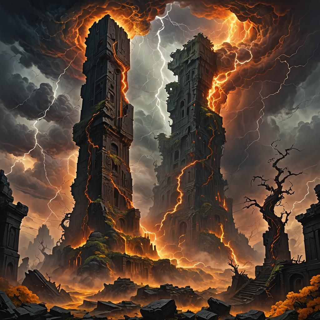 Colossal Monolith Amidst Stormy Ruins
