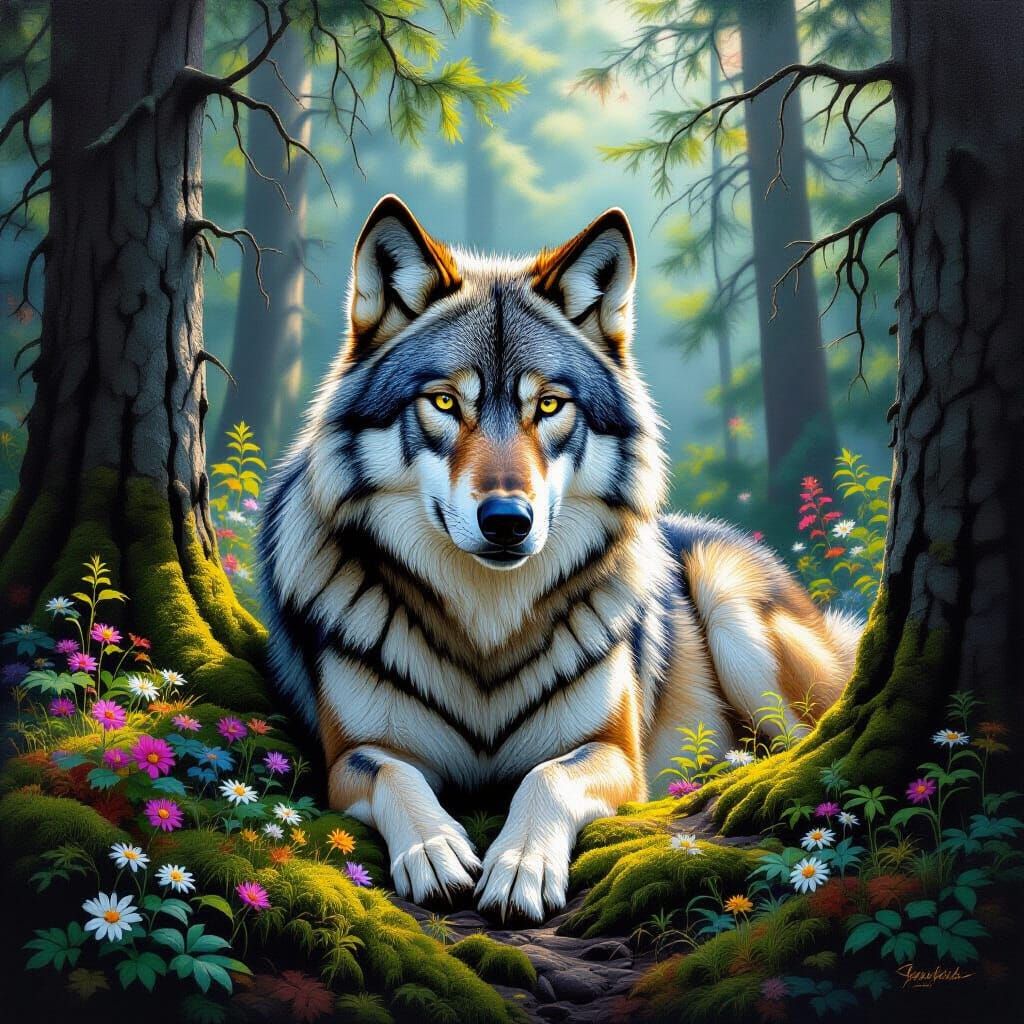 Realistic Oil Painting of a Wolf in Forest Habitat