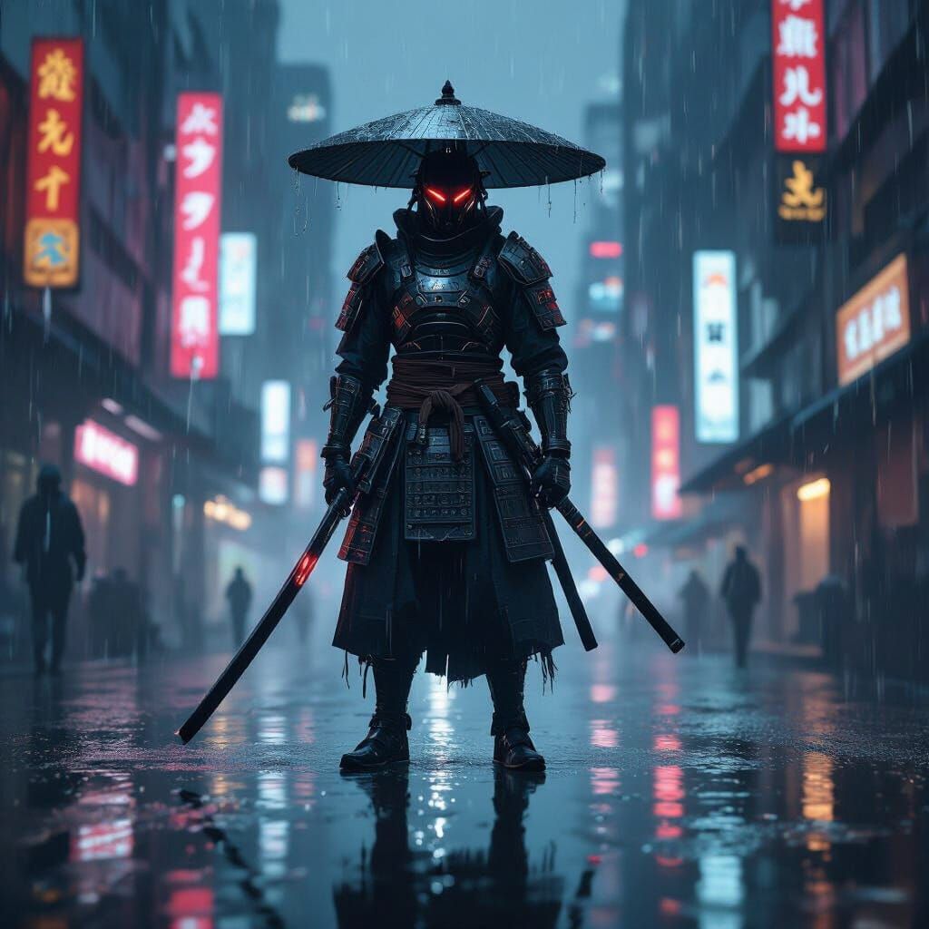 Cyberpunk Samurai in Neon City Rain