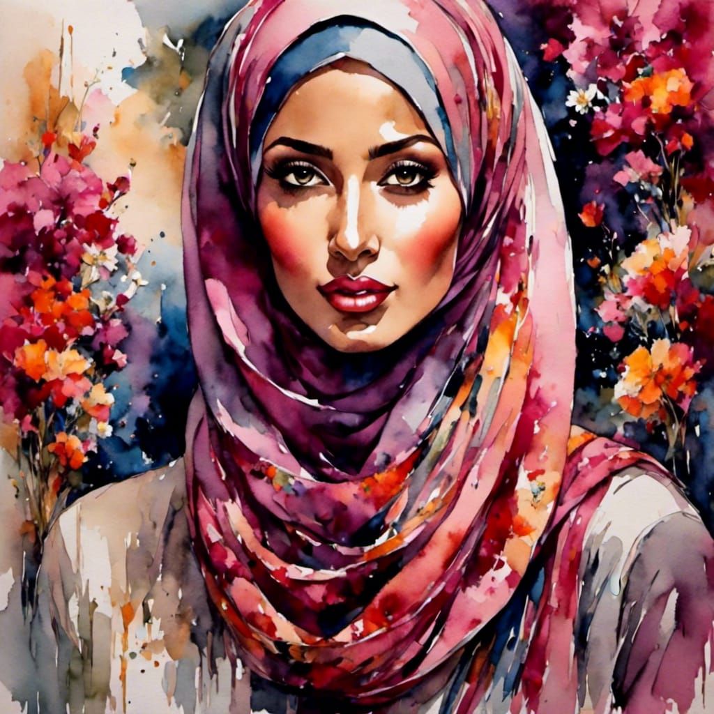 Floral Hijab Portrait in Oil and Gouache Style