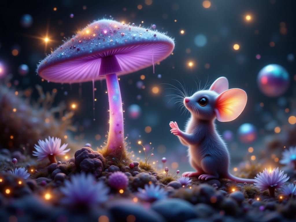 Mouse and Iridescent Mushroom in Enchanted Forest