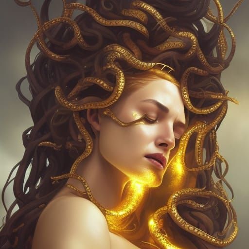 Medusa Crying Gold Tears in Hyperdetailed Portrait