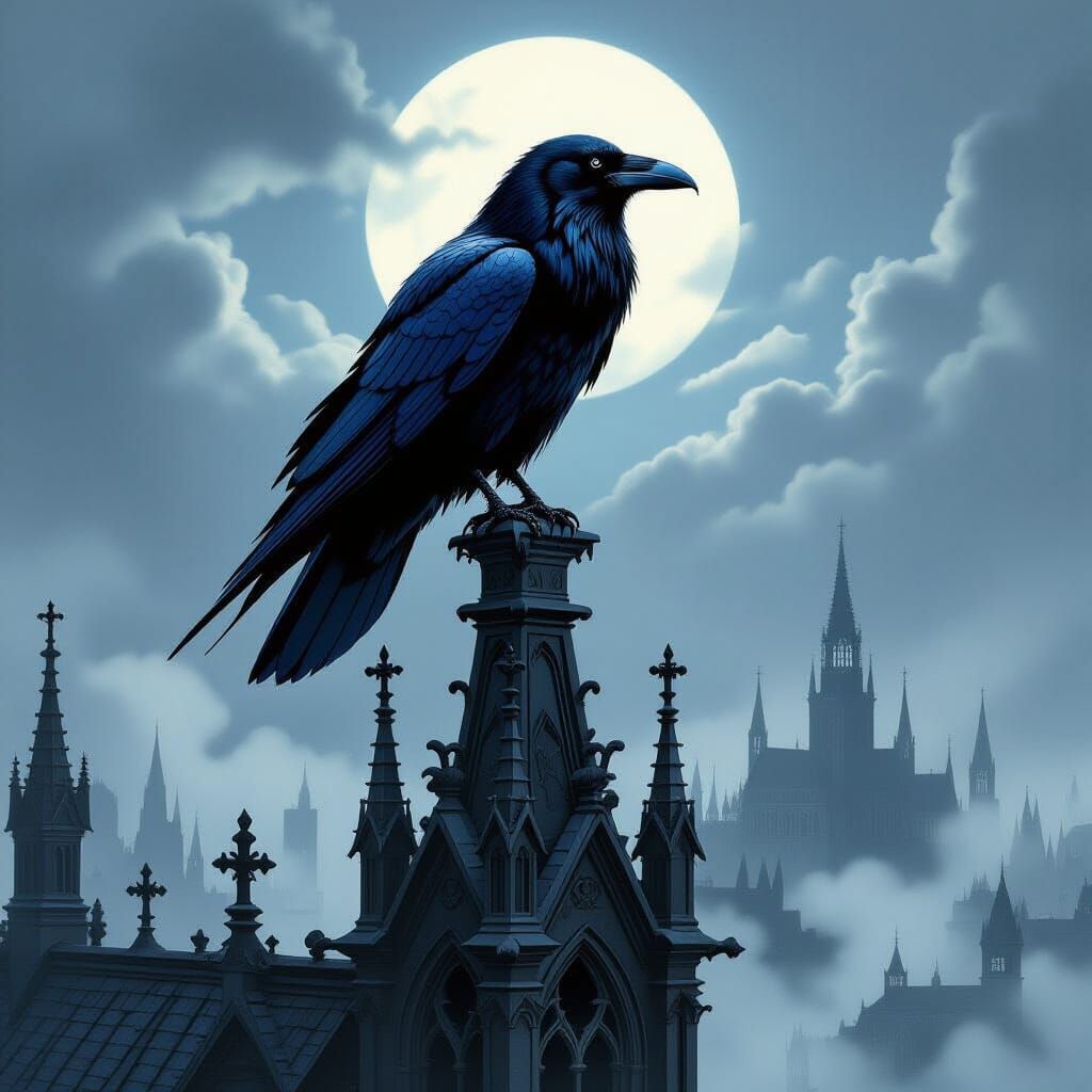 Majestic Raven on Gothic Spire at Dawn, Dark Fantasy Art
