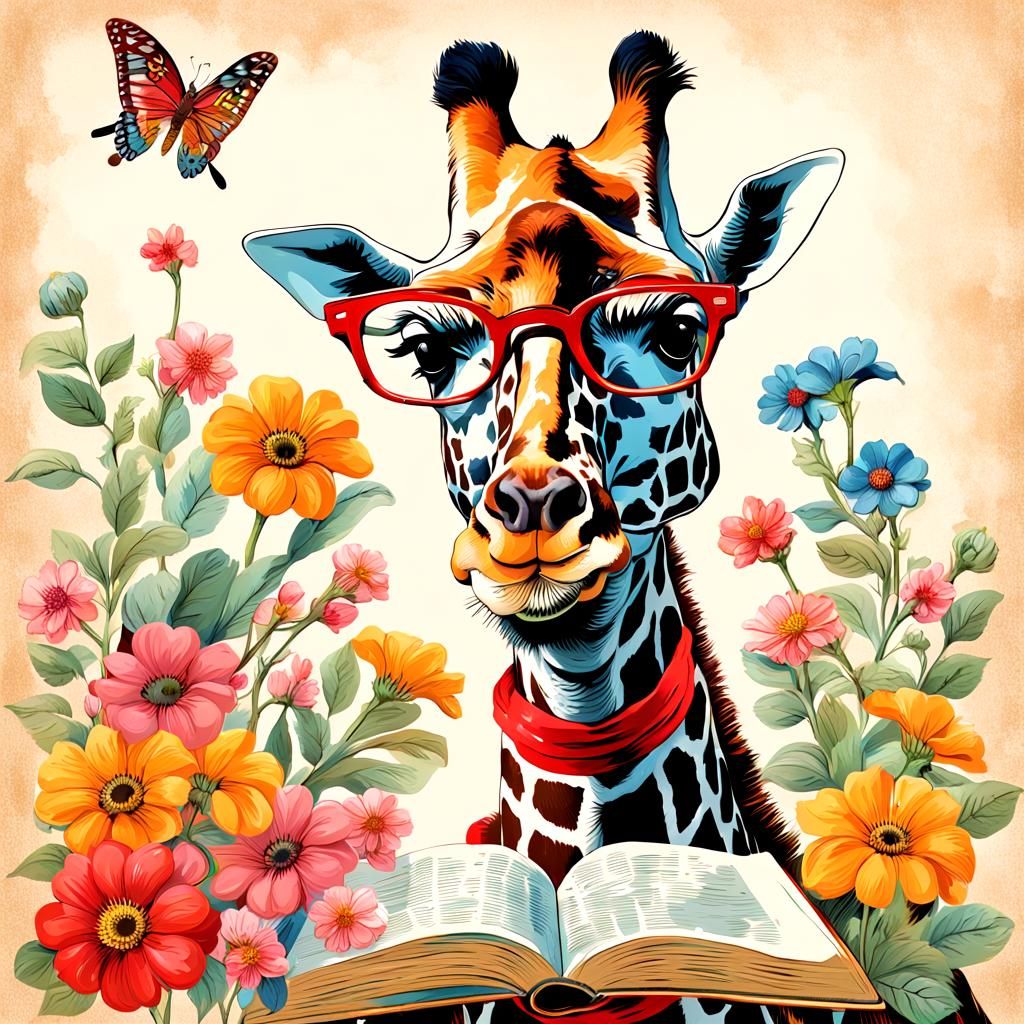 Vintage Giraffe Reading Book with Flowers