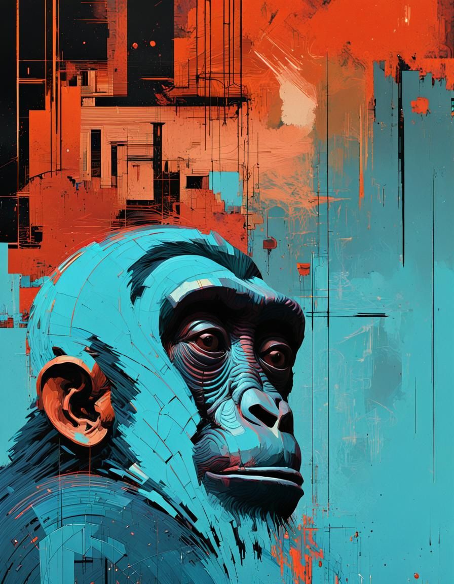 Glitchcore Monkey Portrait with Bold, Abstract Textures