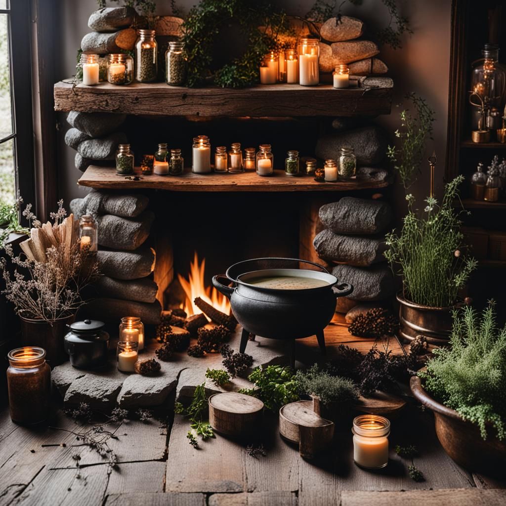 Vintage Apothecary with Cauldron and Stone Hearth