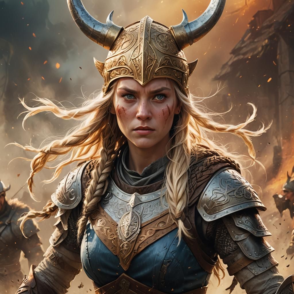 Dynamic Viking Woman in Hyperrealistic Concept Art