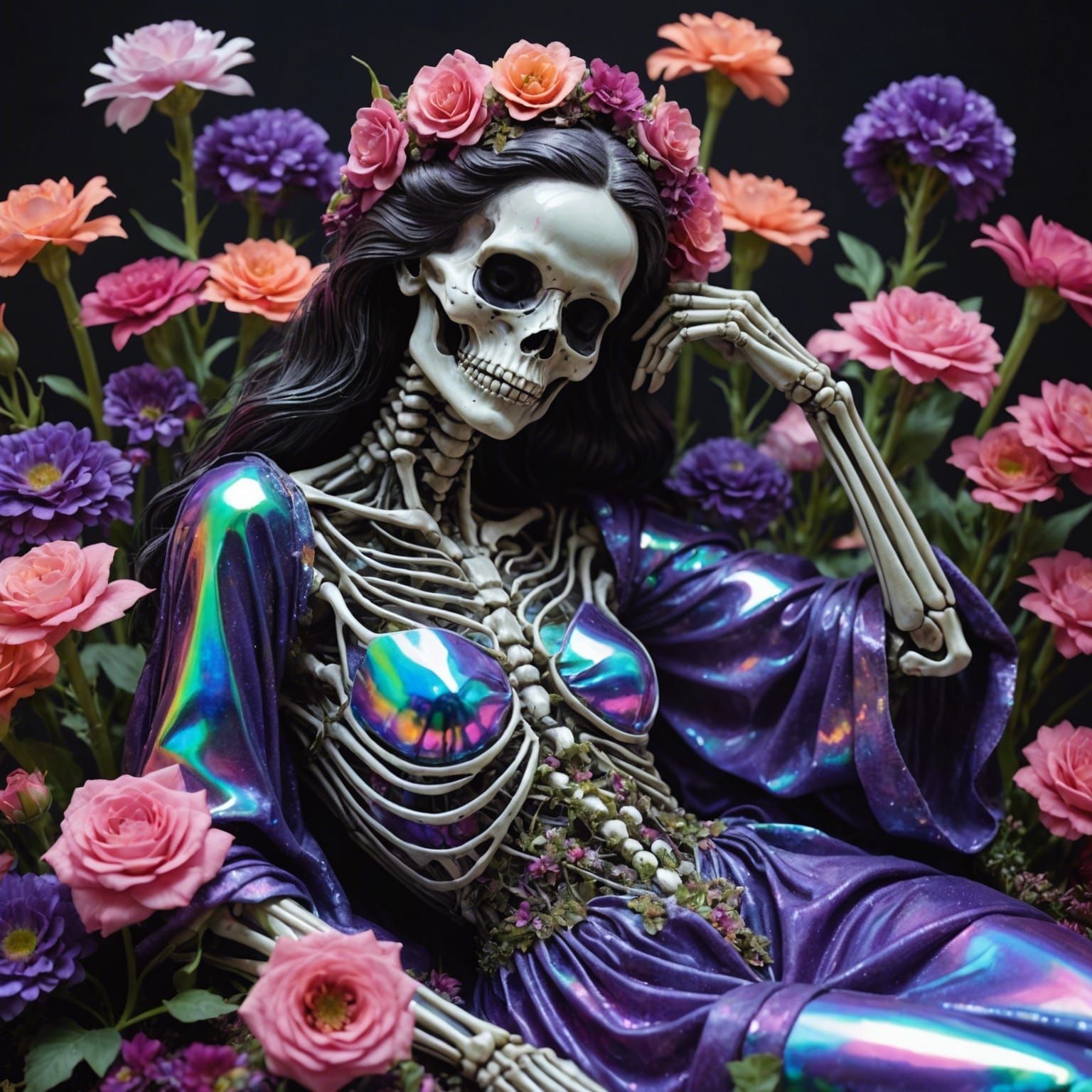 Holographic Skeletal Woman with Flowers in Psychedelic Light