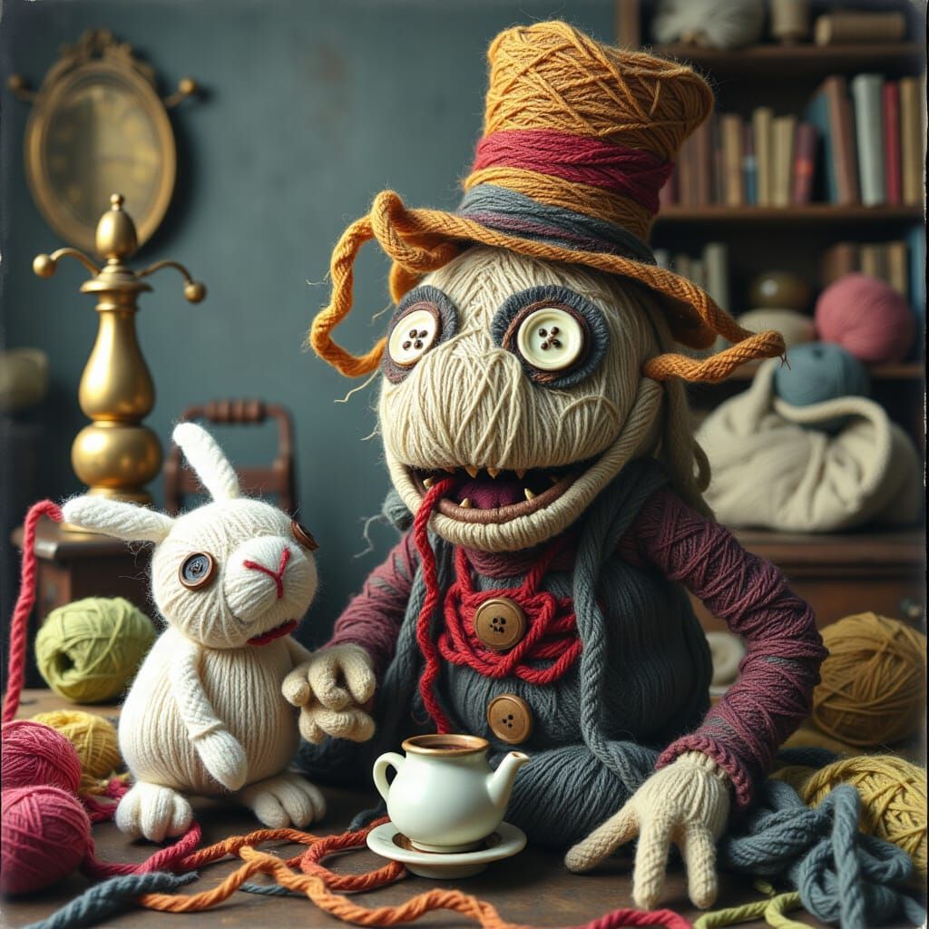 Surreal Yarn Hatter Sips Tea with Whimsical White Rabbit