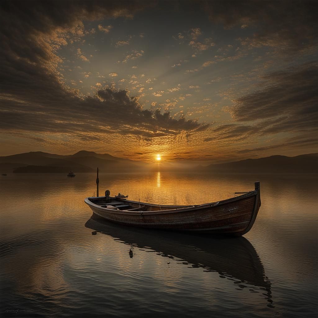 Boat at Sunset: Surreal Hyperrealistic Seascape
