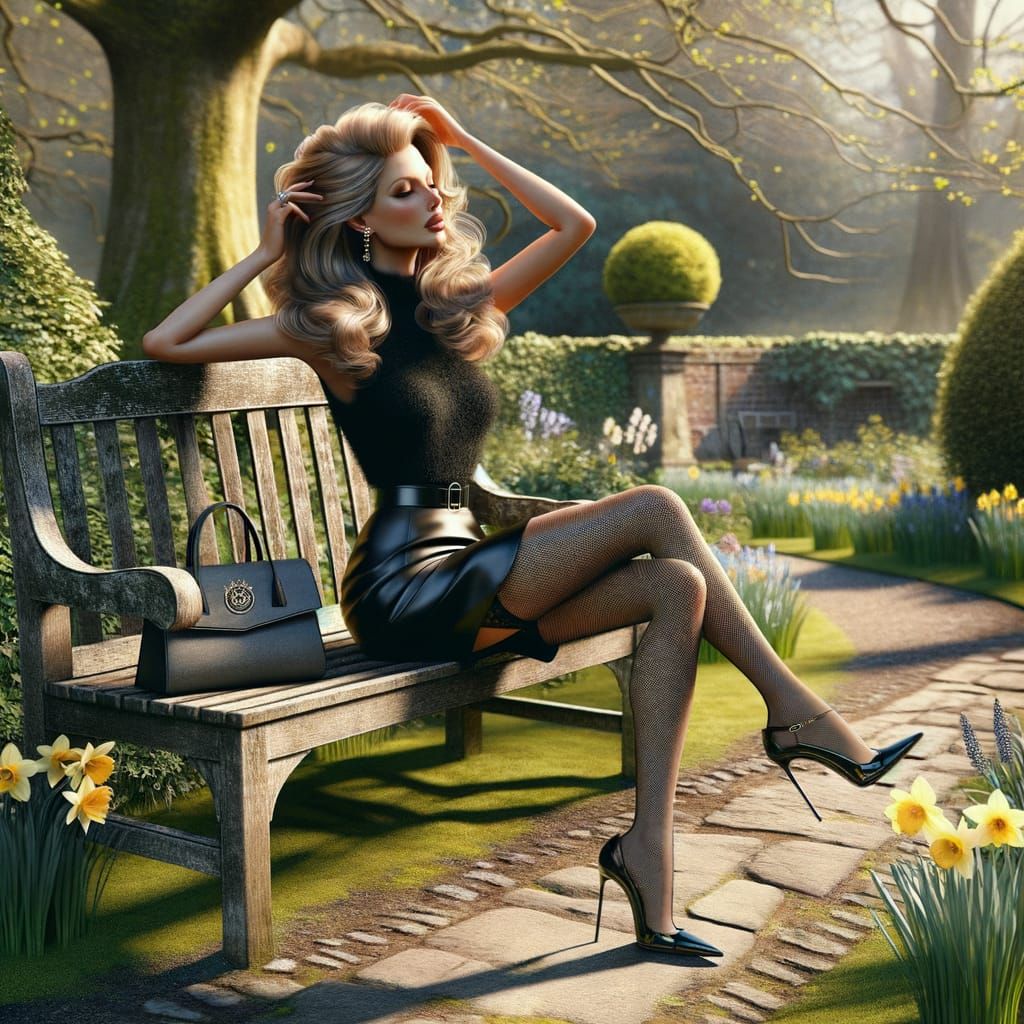 Woman in Black Dress on Park Bench with Daffodils