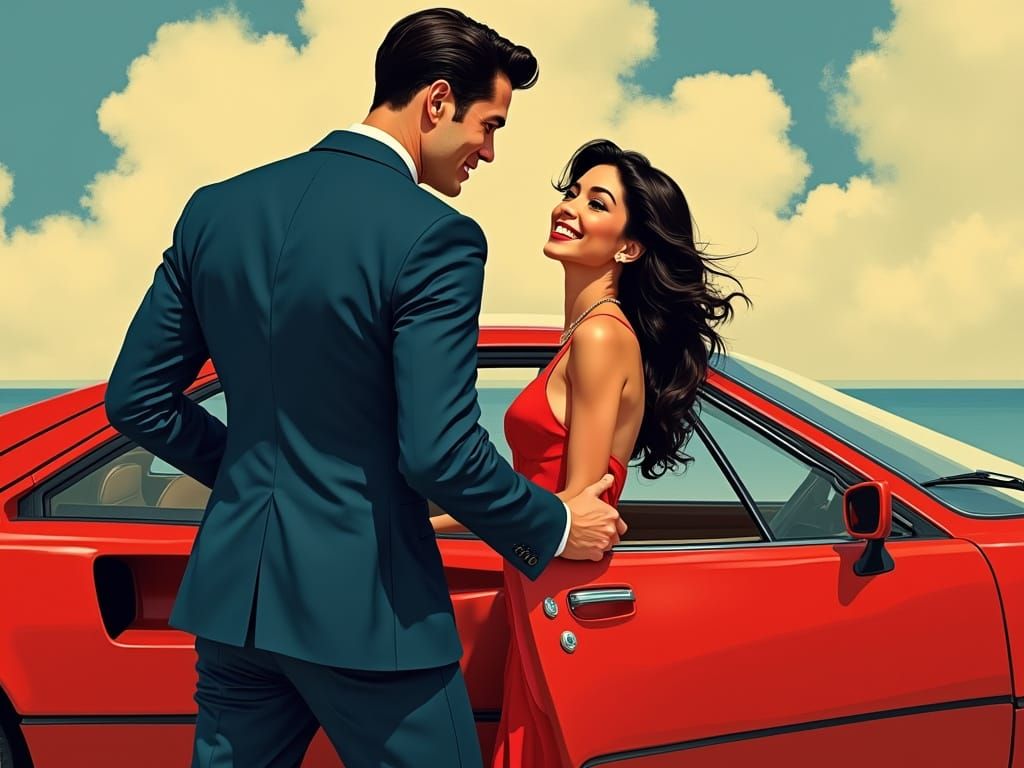 Man and Woman with Ferrari, Syd Mead Style