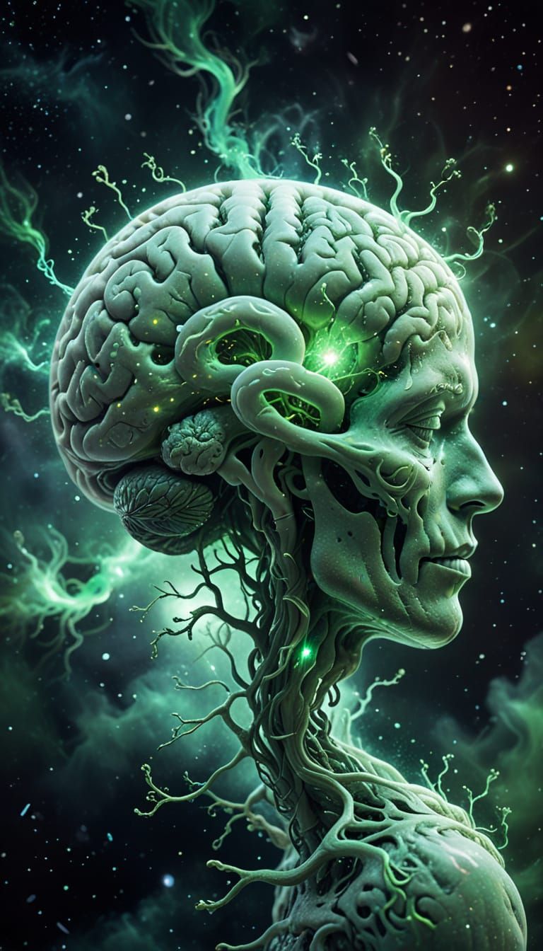Surreal Brain in Nebula with Glowing Light