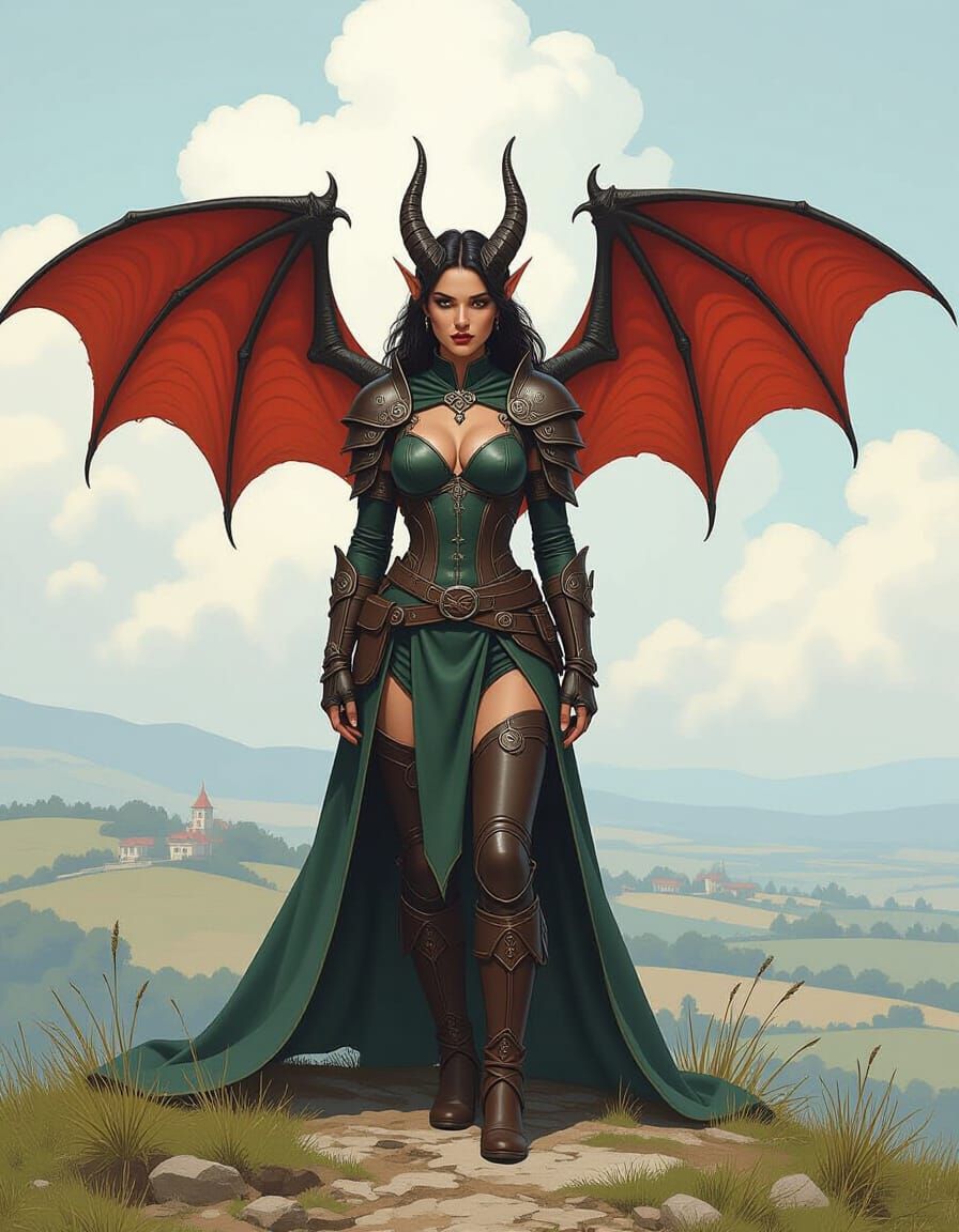 Winged Tiefling Adventurer in Fantasy Landscape