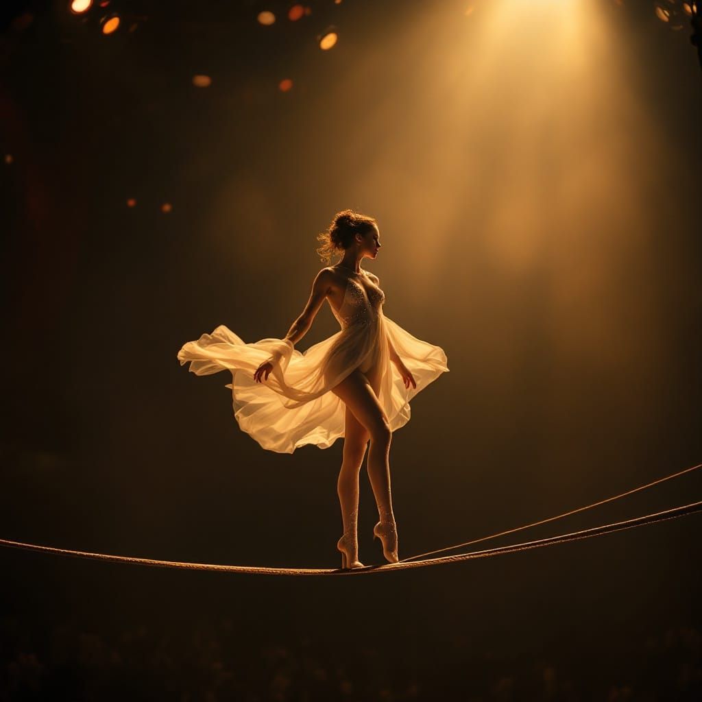 Ethereal Circus Performer on Suspended Tightrope, Golden Spo...