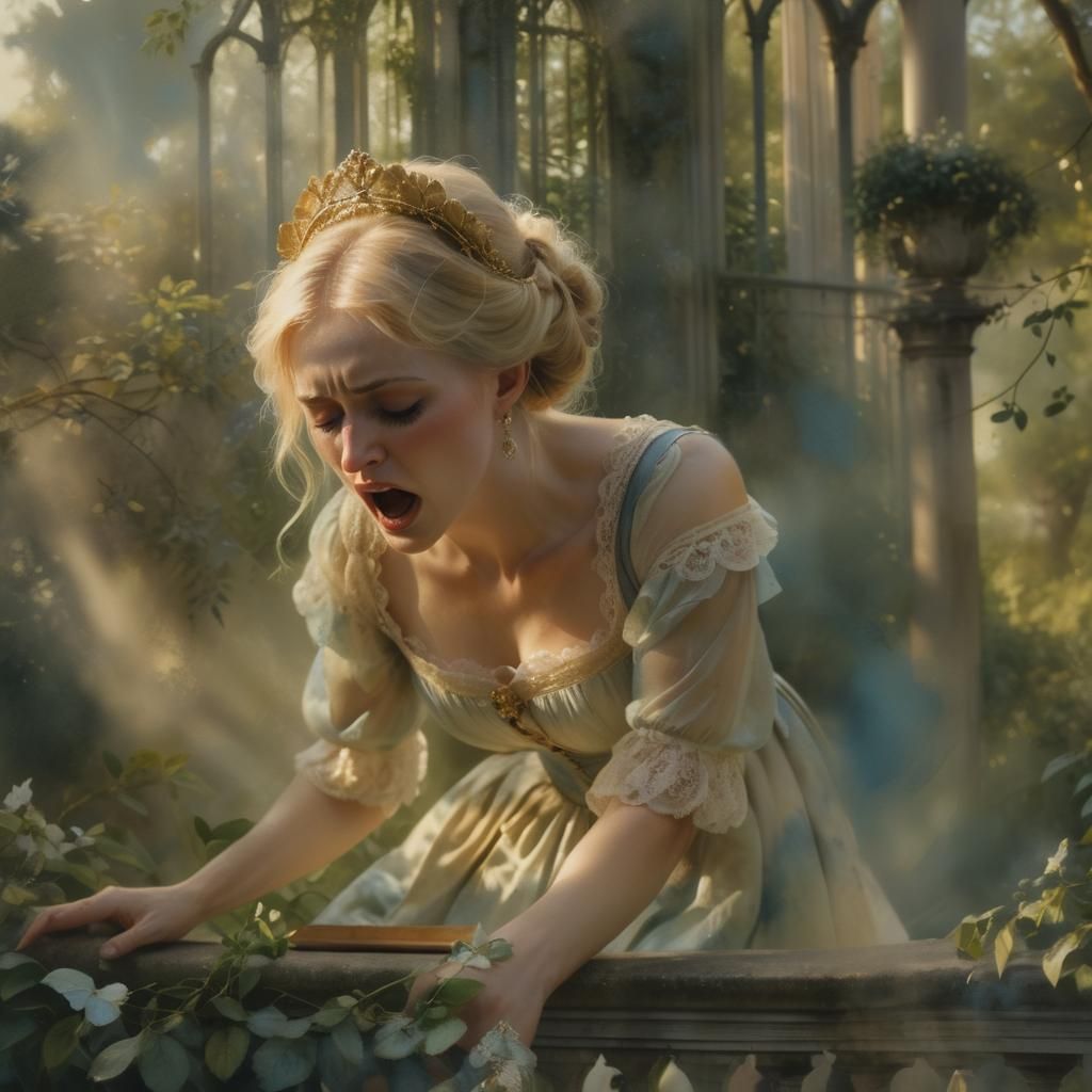 Regency Lady's Pain: A Romantic Realism Garden Scene