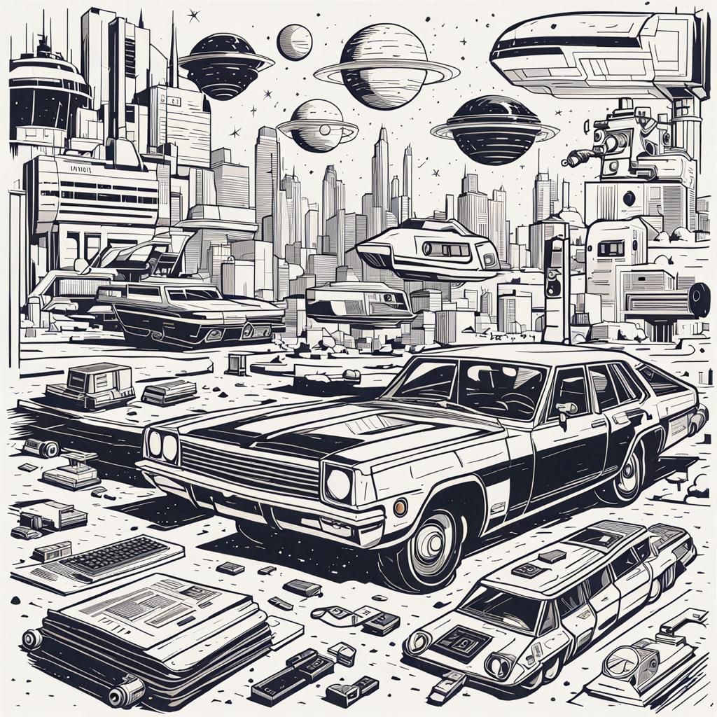 Retro Sci-Fi Gadgets in Minimalist Line Art