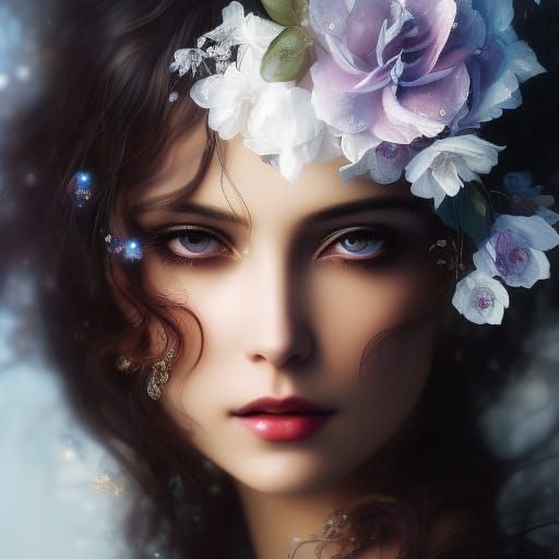 Ethereal Ghost with Flowers, Airbrushed Fantasy Portrait