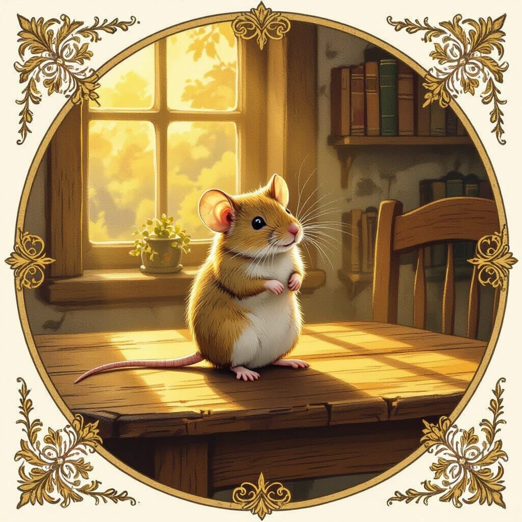 Mouse on Wooden Table in Beatrix Potter Style