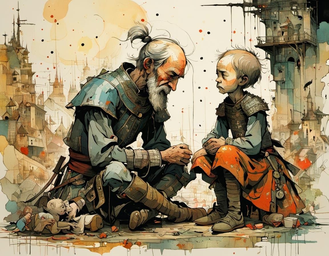 Don Quixote Comforts a Child in Detailed Maximalist Art