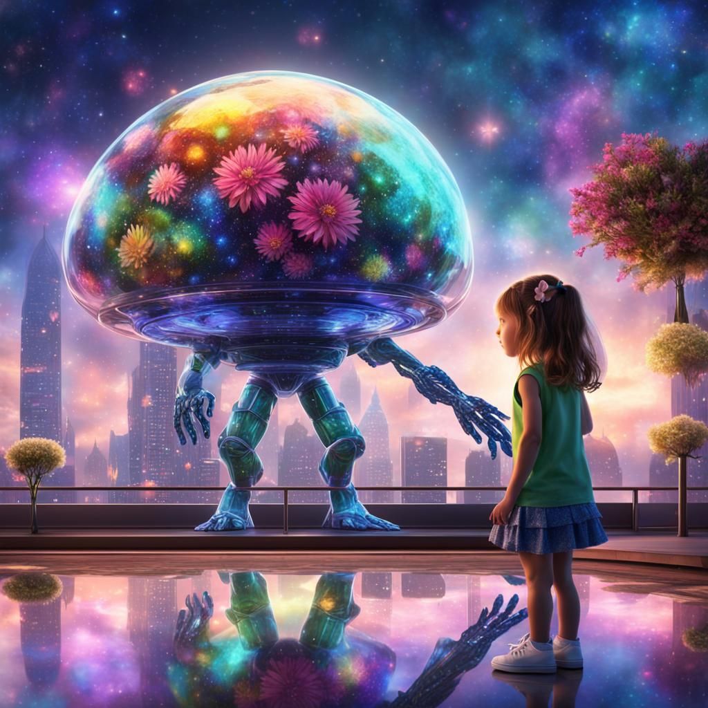 Girl Offers Flower to Alien in Futuristic City