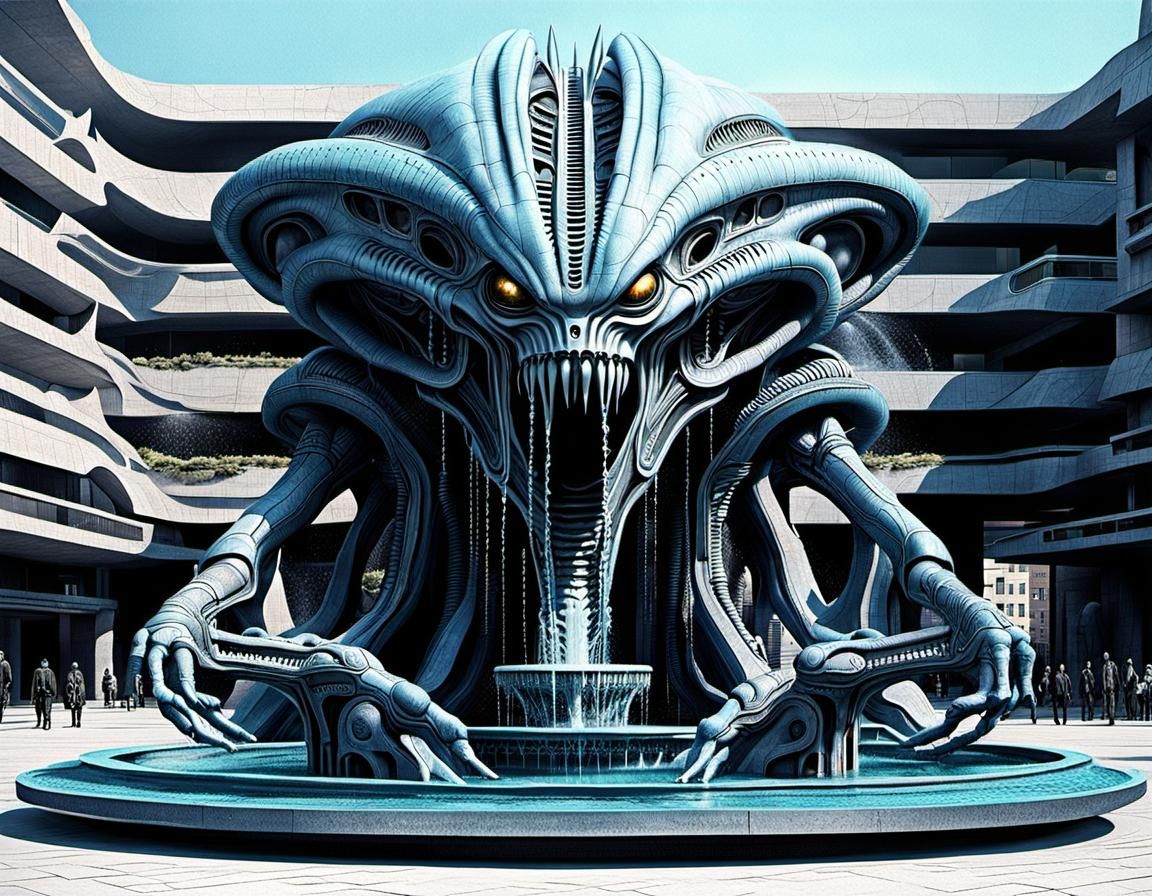 Giger-Inspired Fountain in Dystopian Cybernetic City