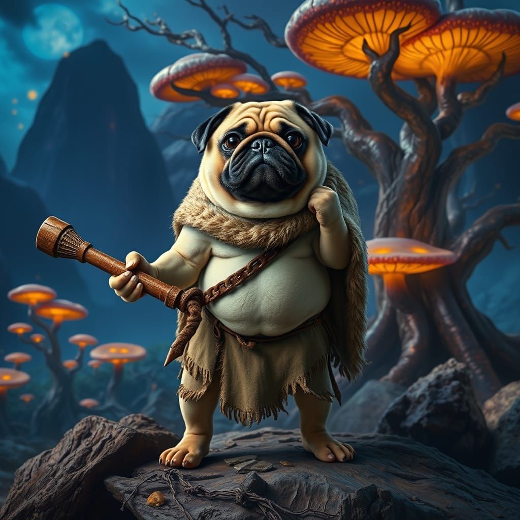 Prehistoric Pug Caveman in Epic Landscape