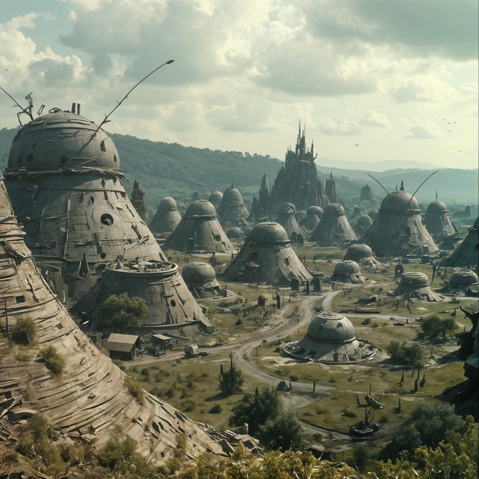 Fantasy movie photography, Ridley Scott-inspired 80s vhs aesthetic, depicts a desolated wasteland of giant termite mound...