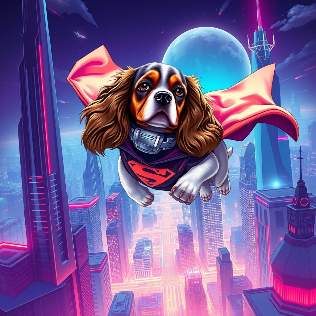 Futuristic Canine Crusader Soars Through City