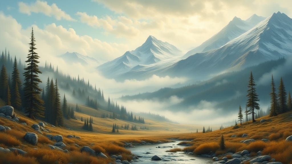Majestic Mountain Landscape in Oil Painting Style