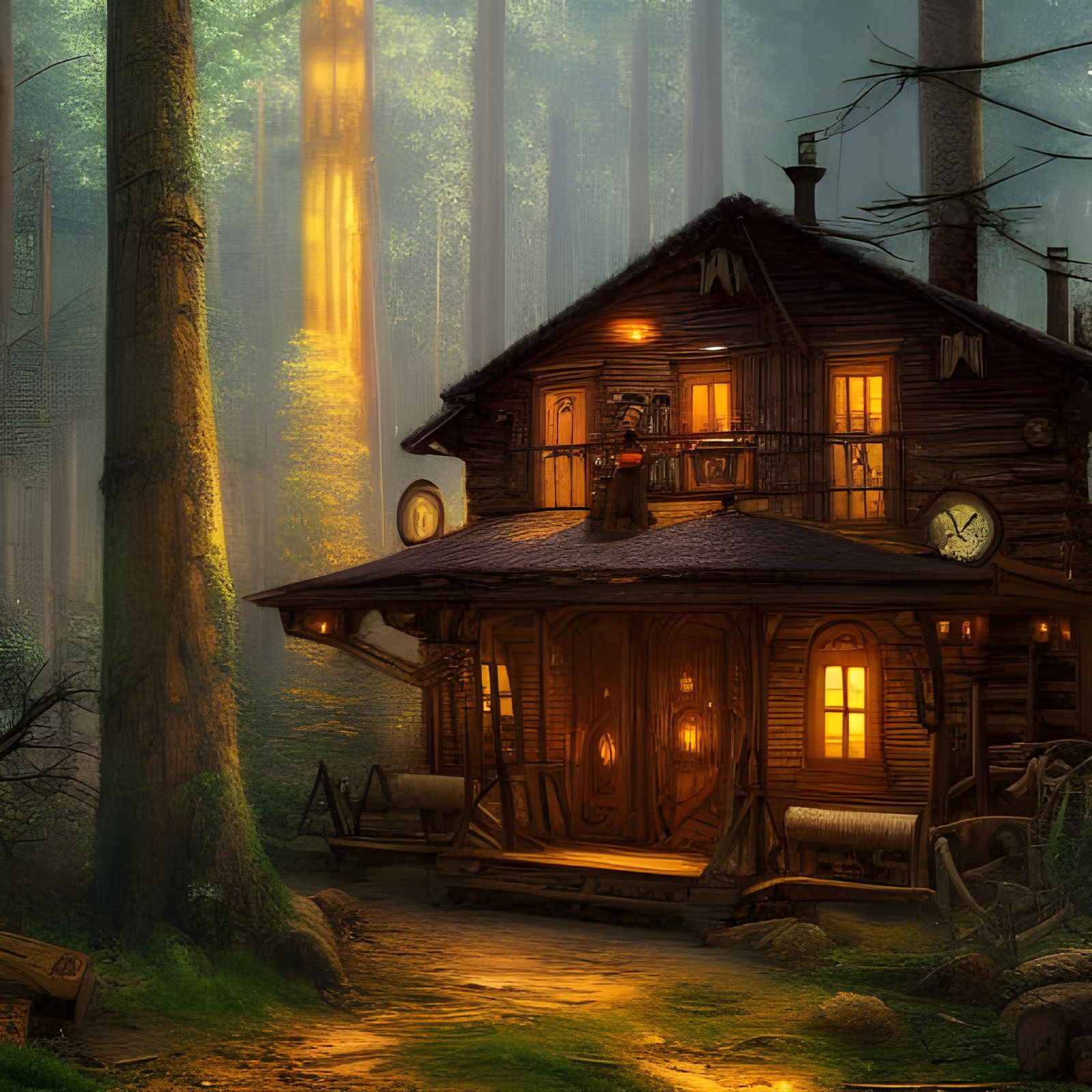 Steampunk Cabin in Forest, Second Empire Illustration