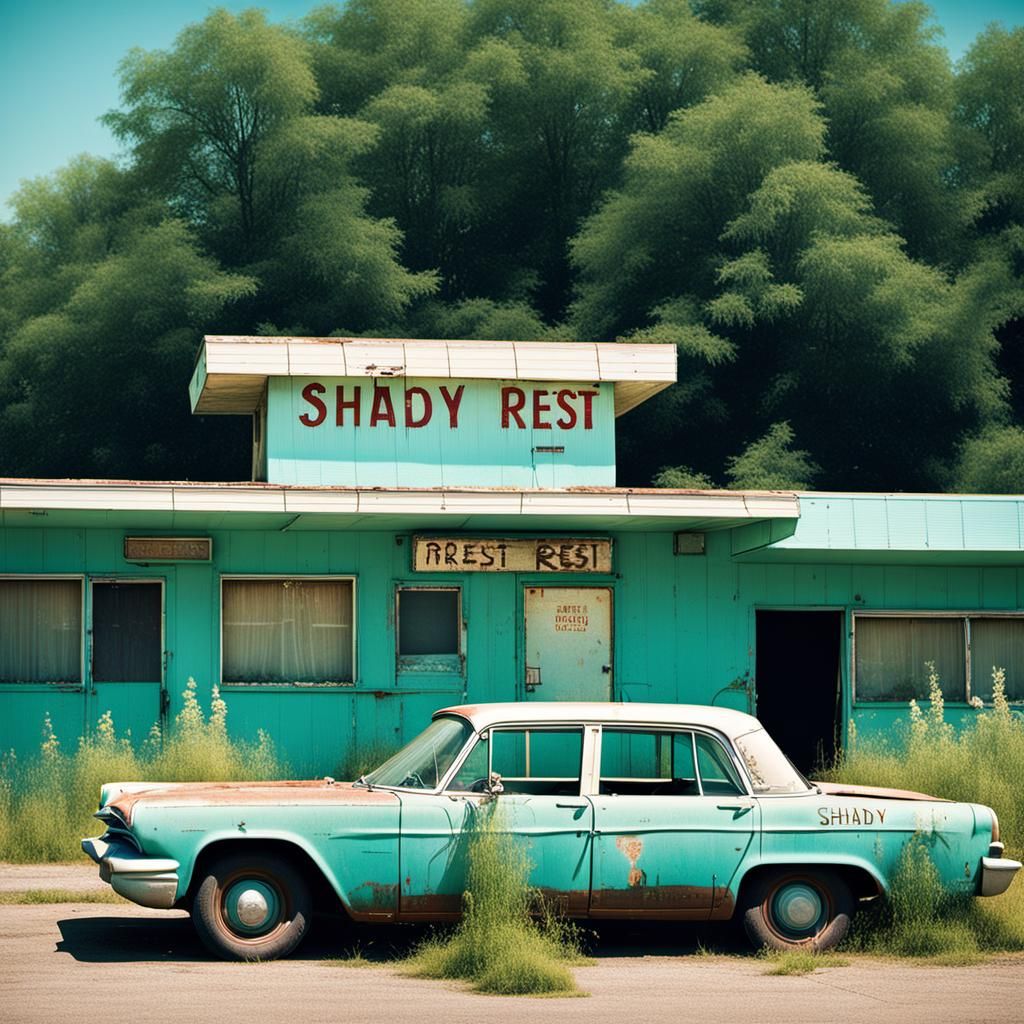 Dystopian Motel with Tilting Shady Rest Sign