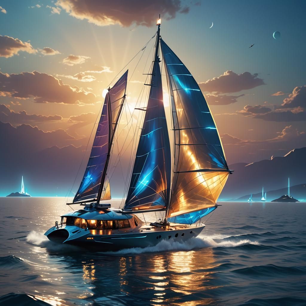 Ultra modern ultra sleek ultra fast space age hydra foil sunfish sail boat virtually flying just feet above the sea.