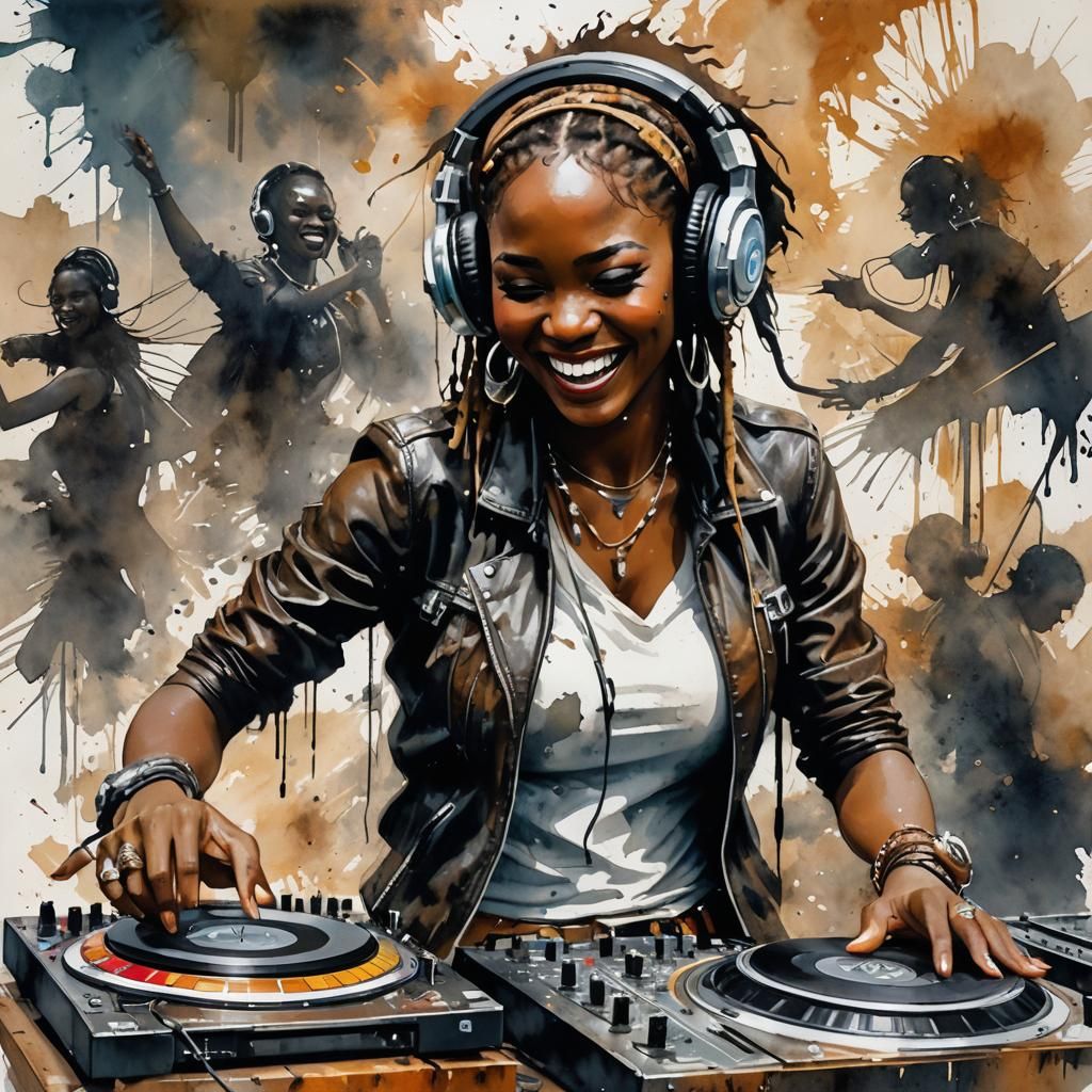 Vivid Watercolor of Girl DJ in Africa