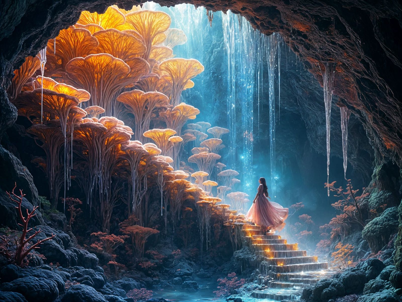 Underground Cavern with Molten Glass Waterfall