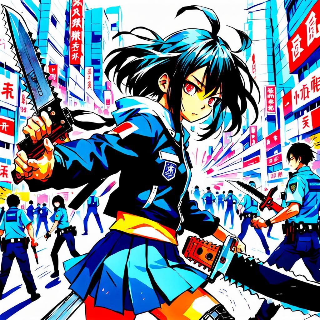 Japanese Schoolgirl Battles Police in Manga Style